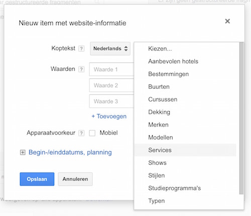 Website informatie extensies in Google Adwords