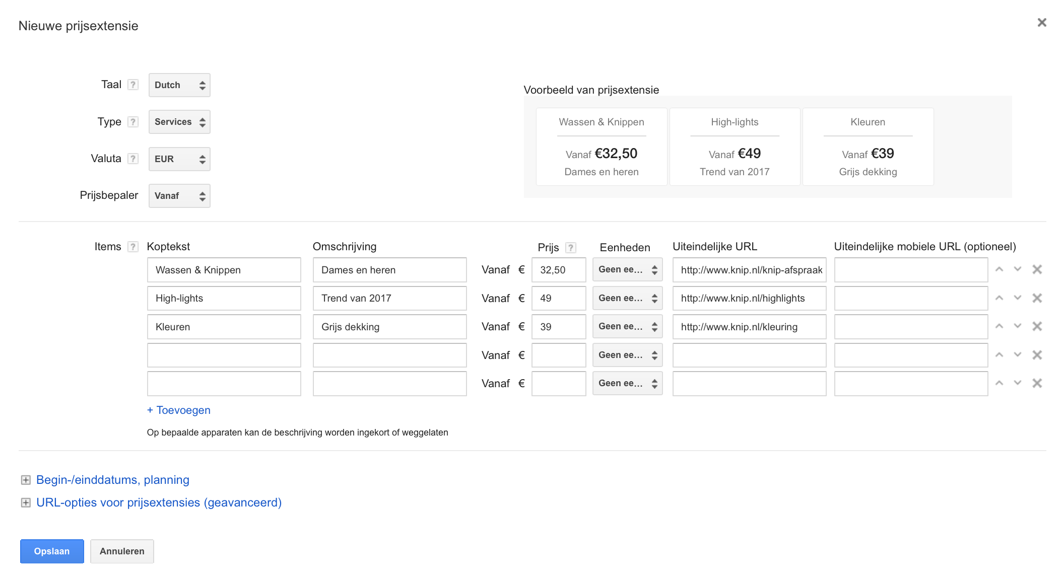 Prijsextensie Adwords voorbeeld kapper
