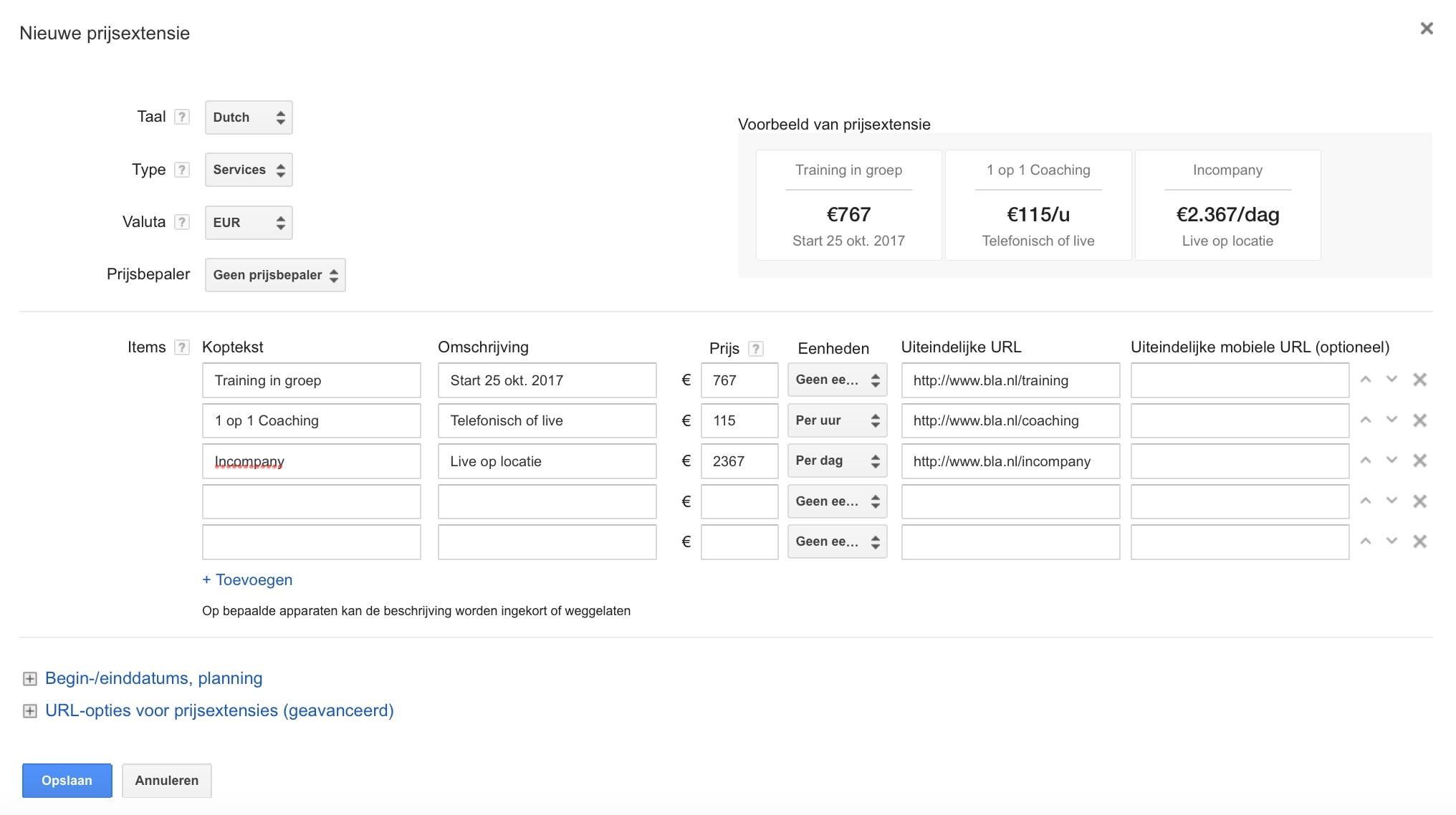 Prijsextensie Adwords voorbeeld